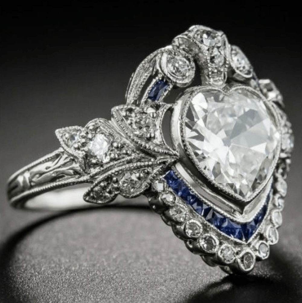 Edwardian Heart shaped diamond and sapphire engagement ring