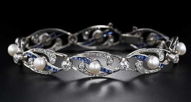 French Edwardian pearl, diamond, sapphire and platinum bracelet