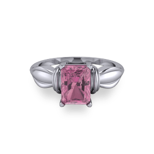 Bow shaped pink tourmaline radiant platinum engagement ring