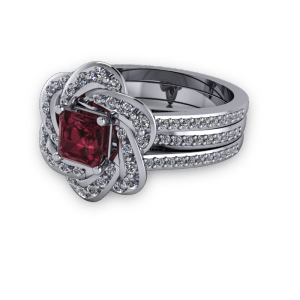 White Gold and ruby unique halo engagement ring set