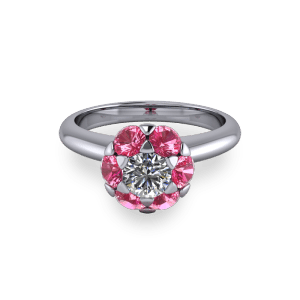 White gold and pink sapphire small halo solitaire ring
