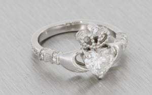 Custom-Cut Heart Diamond Platinum Claddagh Ring  - Portfolio