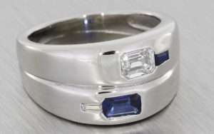 Unusual Asymmetrical Diamond & Sapphire Radiant Cut Pinkie Ring – Portfolio
