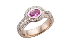 Oval Pink Sapphire halo Rose Gold engagement ring - Portfolio