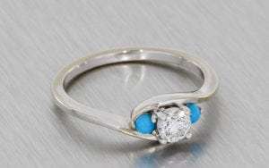 Three Stone Engagement Ring with Cabochon Turquoise Side Stones