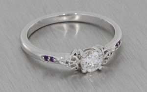 Round diamond and amethyst ring with celtic knot work