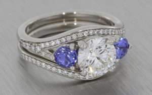 Platinum Engagement and Wedding Ring set with Diamonds and Tanzanites